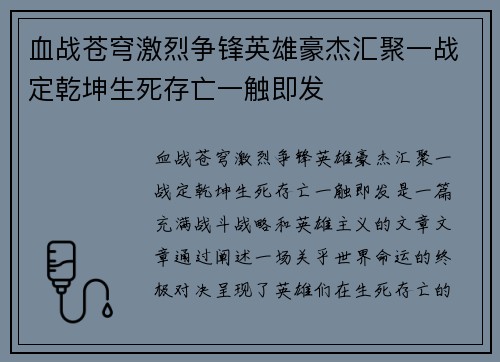 血战苍穹激烈争锋英雄豪杰汇聚一战定乾坤生死存亡一触即发