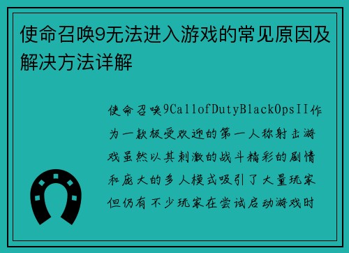 使命召唤9无法进入游戏的常见原因及解决方法详解
